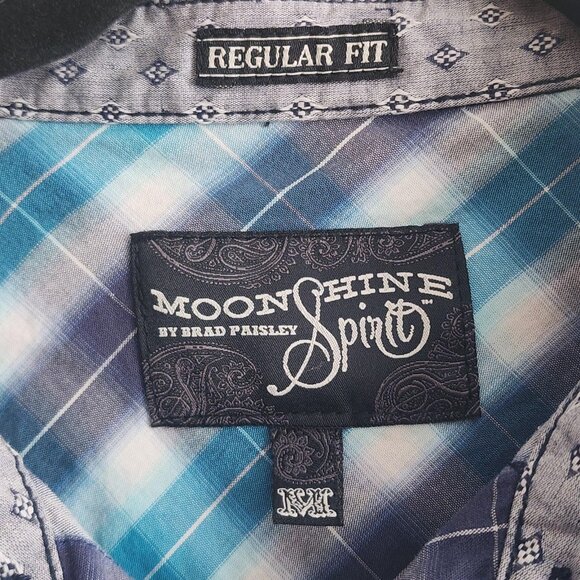 Moonshine Spirit Shirt Mens Medium Blue Plaid Short Sleeve Western Pearl Snap - Picture 6 of 11